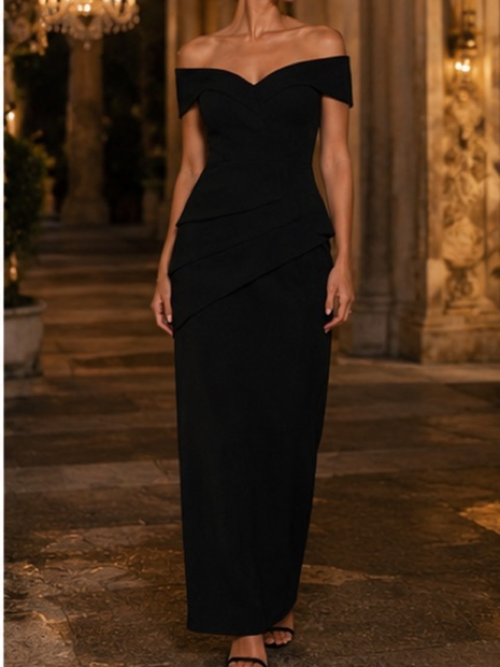 Xscape Jovie Peplum Dress Off Shoulder Black Scuba Crepe Excellent $259. Size 4 - Picture 10 of 10